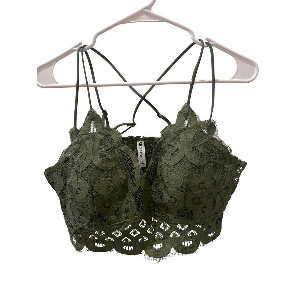 Zenana Olive Green Floral Lace Longline Bralette Padded Strappy Crop Top 1X‎